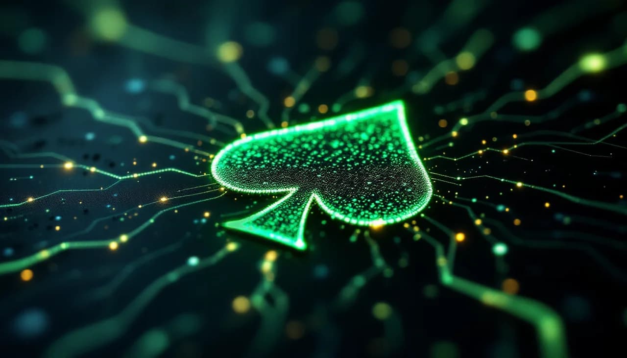 Glowing green circuit board spade on dark felt