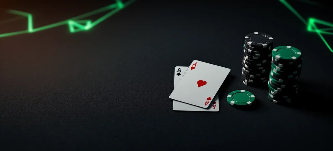 Une paire d'as servie à côté de piles de jetons sur une table de poker sombre