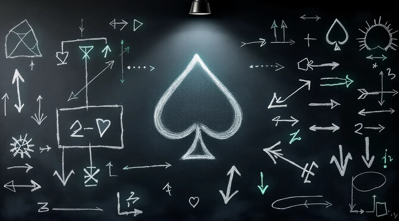 Un tableau noir couvert de schémas de stratégie poker avec un pique à la craie