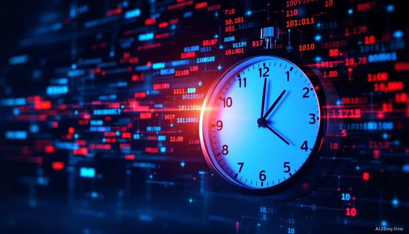 A clock ticking down rapidly against a backdrop of digital code, symbolizing urgency in cybersecurity