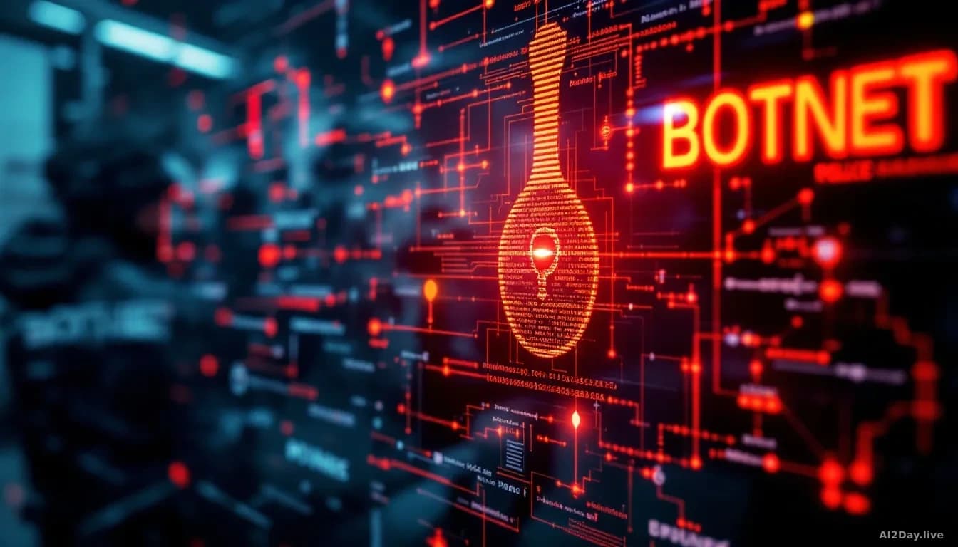 A digital representation of a botnet network with police arrest imagery in the background