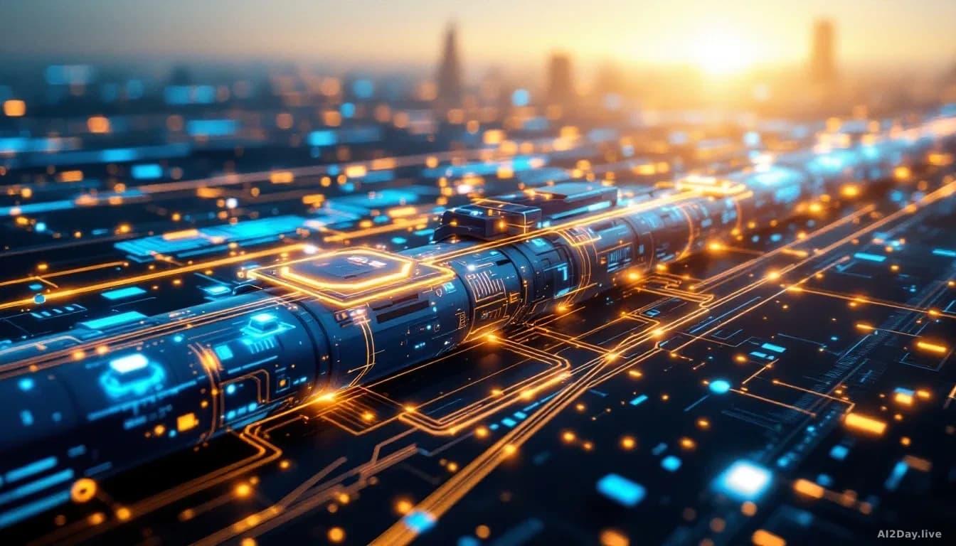 A futuristic AI system with compliance checkpoints integrated into a digital pipeline