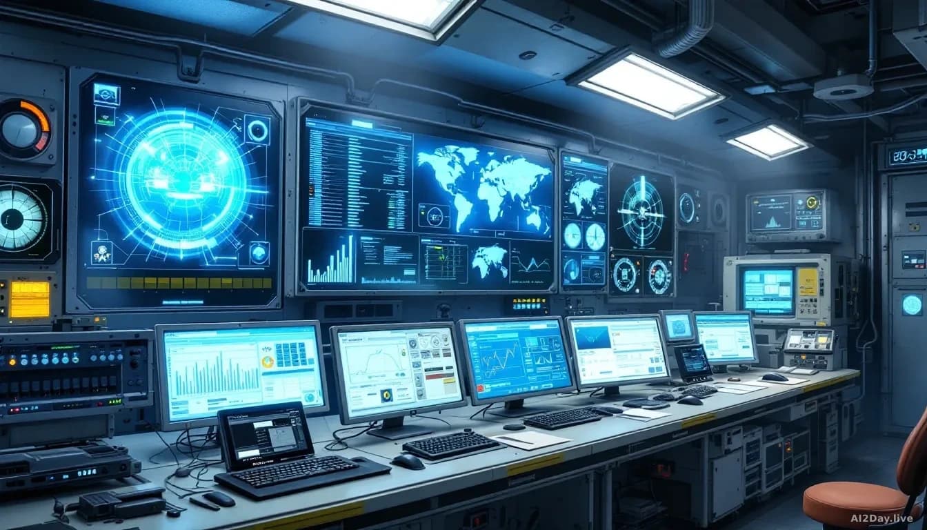 An industrial control room with AI dashboards and outdated equipment