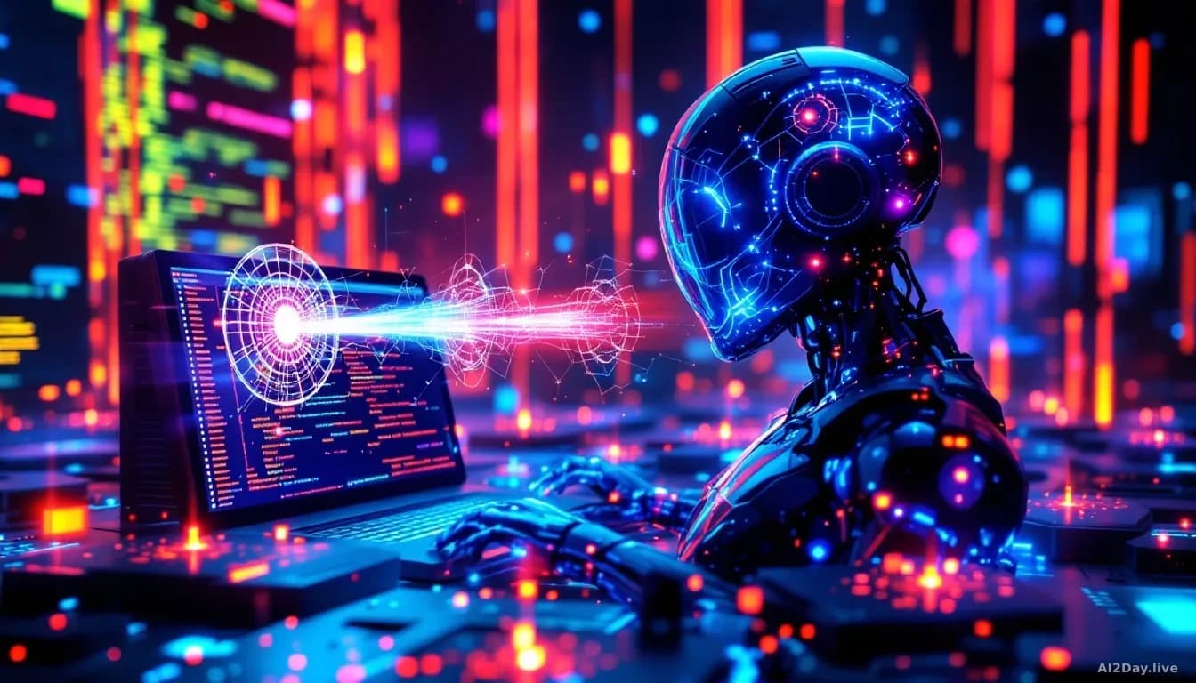 A futuristic depiction of AI-driven DDoS attacks, showing AI algorithms targeting a network