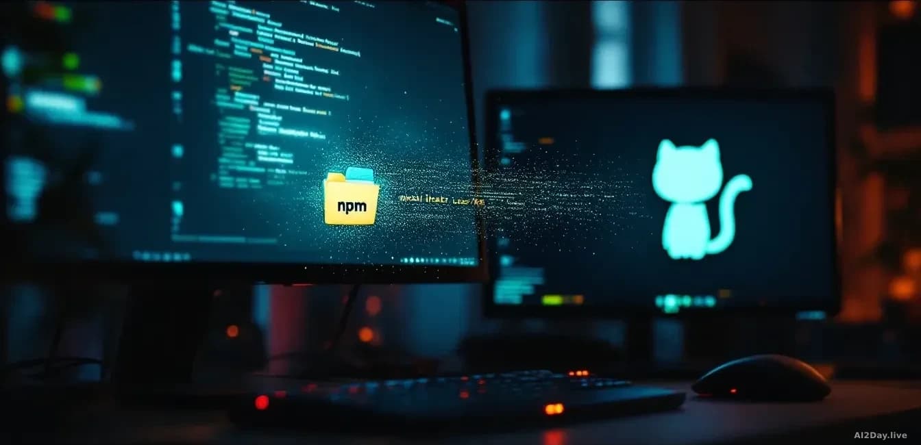 A dim developer workspace at night, glowing terminal showing an npm install command, a faint folder icon labeled user-data dissolving into pixels that drift tow