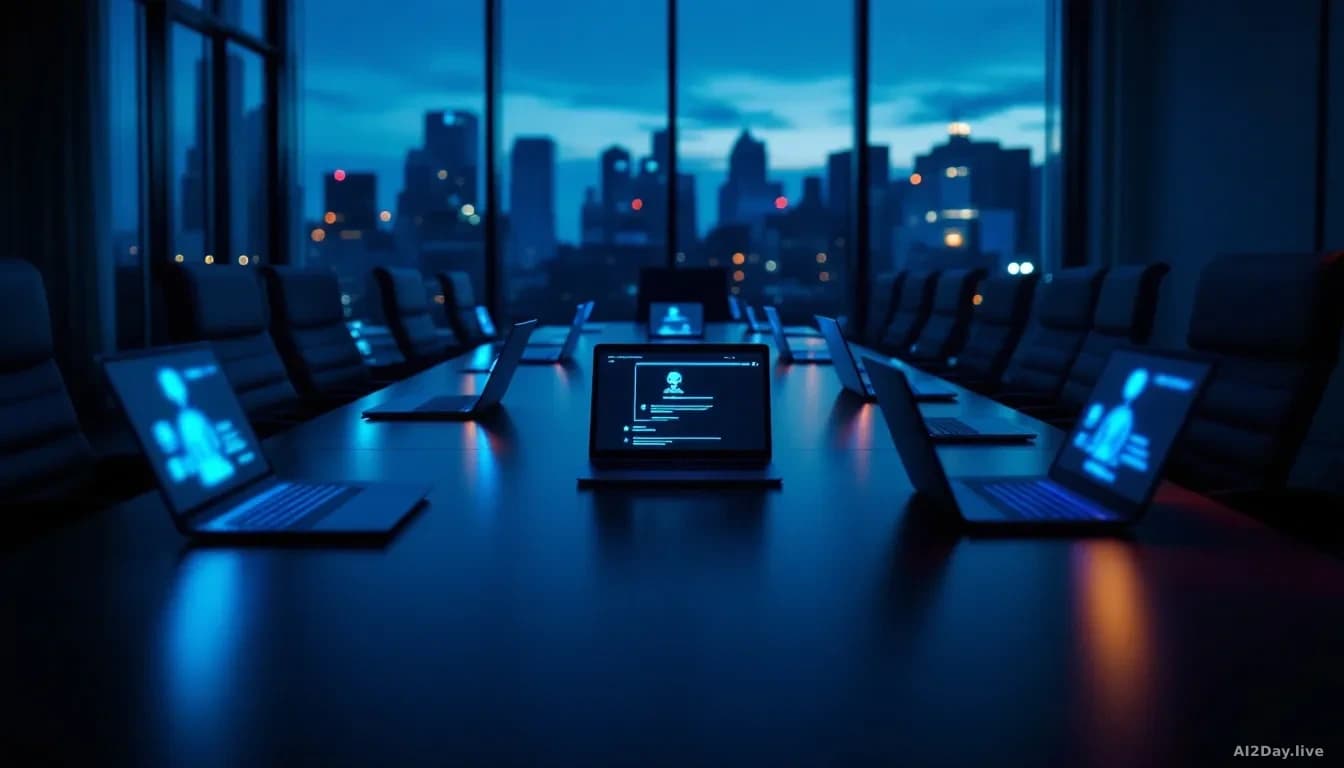 Wide editorial photograph of an empty corporate boardroom at dusk, long table with scattered open laptops each showing a different AI chatbot interface on scree