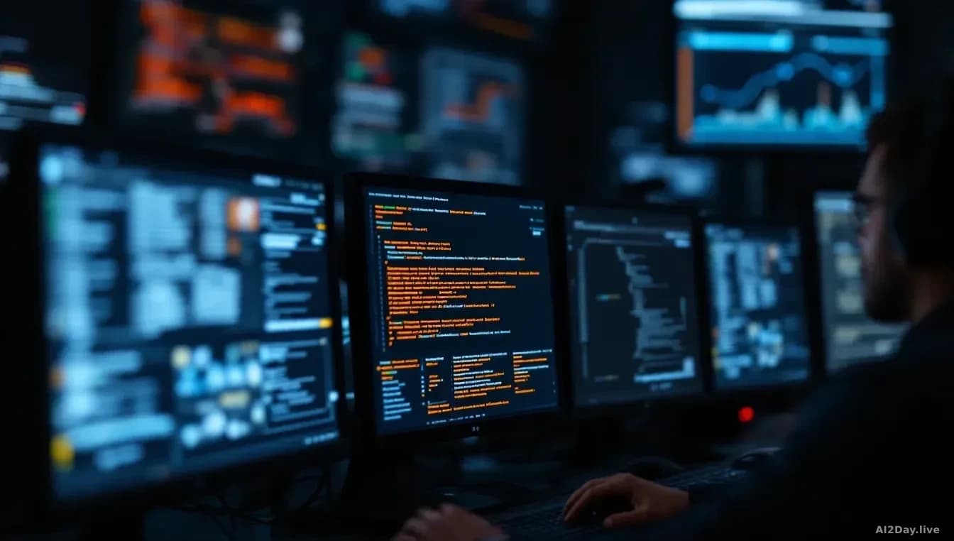 A dark security operations centre with multiple monitors showing dim, low-severity alerts in muted blues and greys, while one analyst's screen is highlighted wi