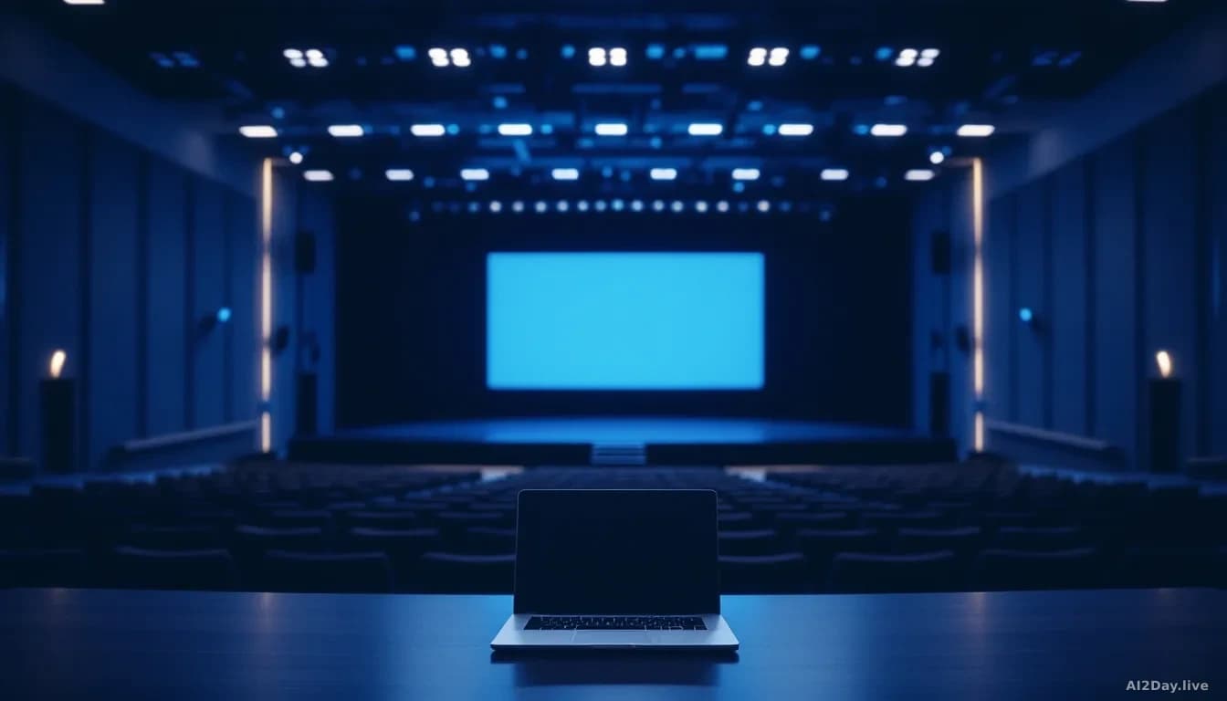 A sparse, formally lit photograph of a conference auditorium stage seen from the back of an empty hall, rows of unoccupied seats, a single laptop open on a podi