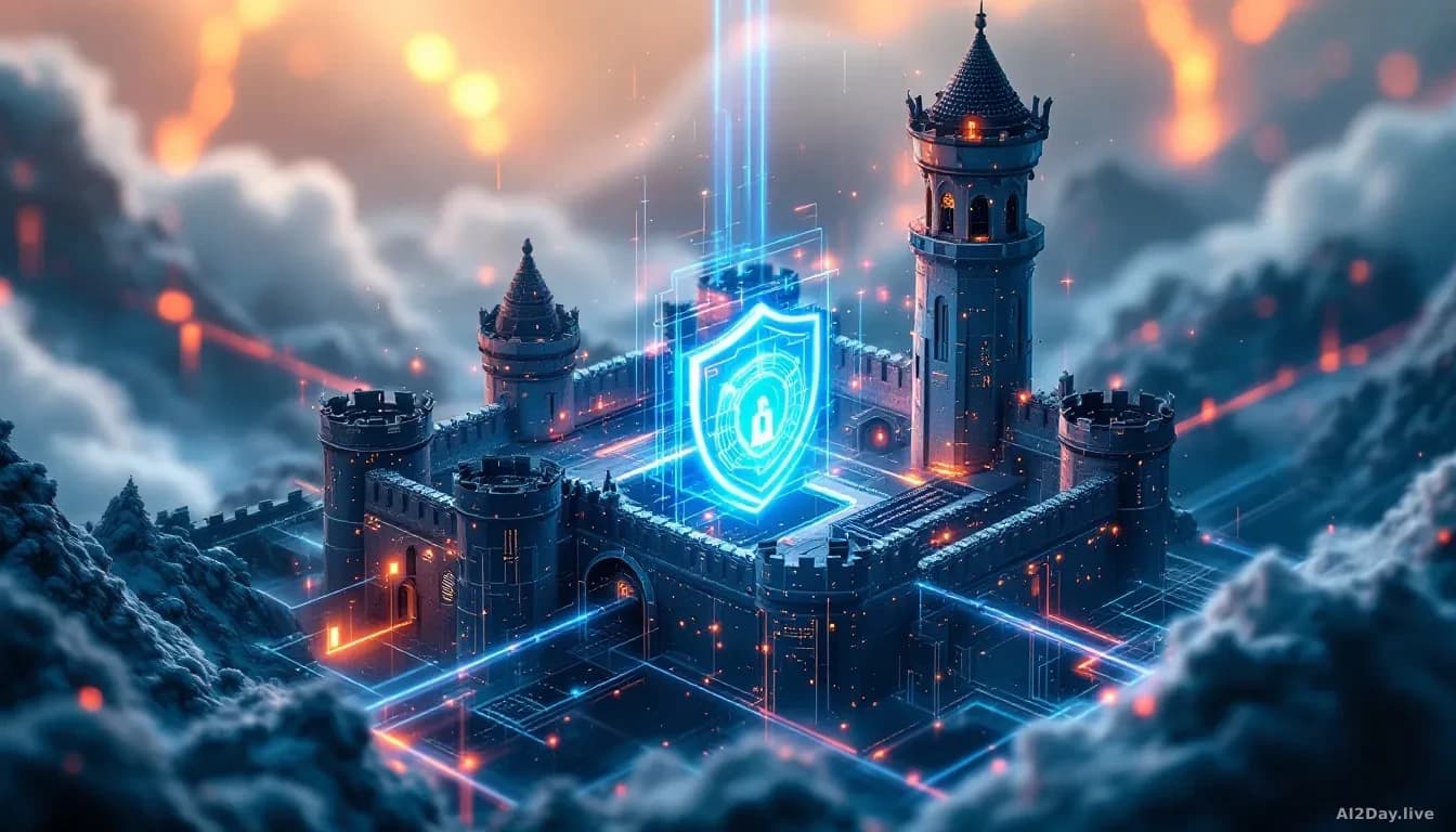 A digital fortress with automated defenses activating to block cyber threats
