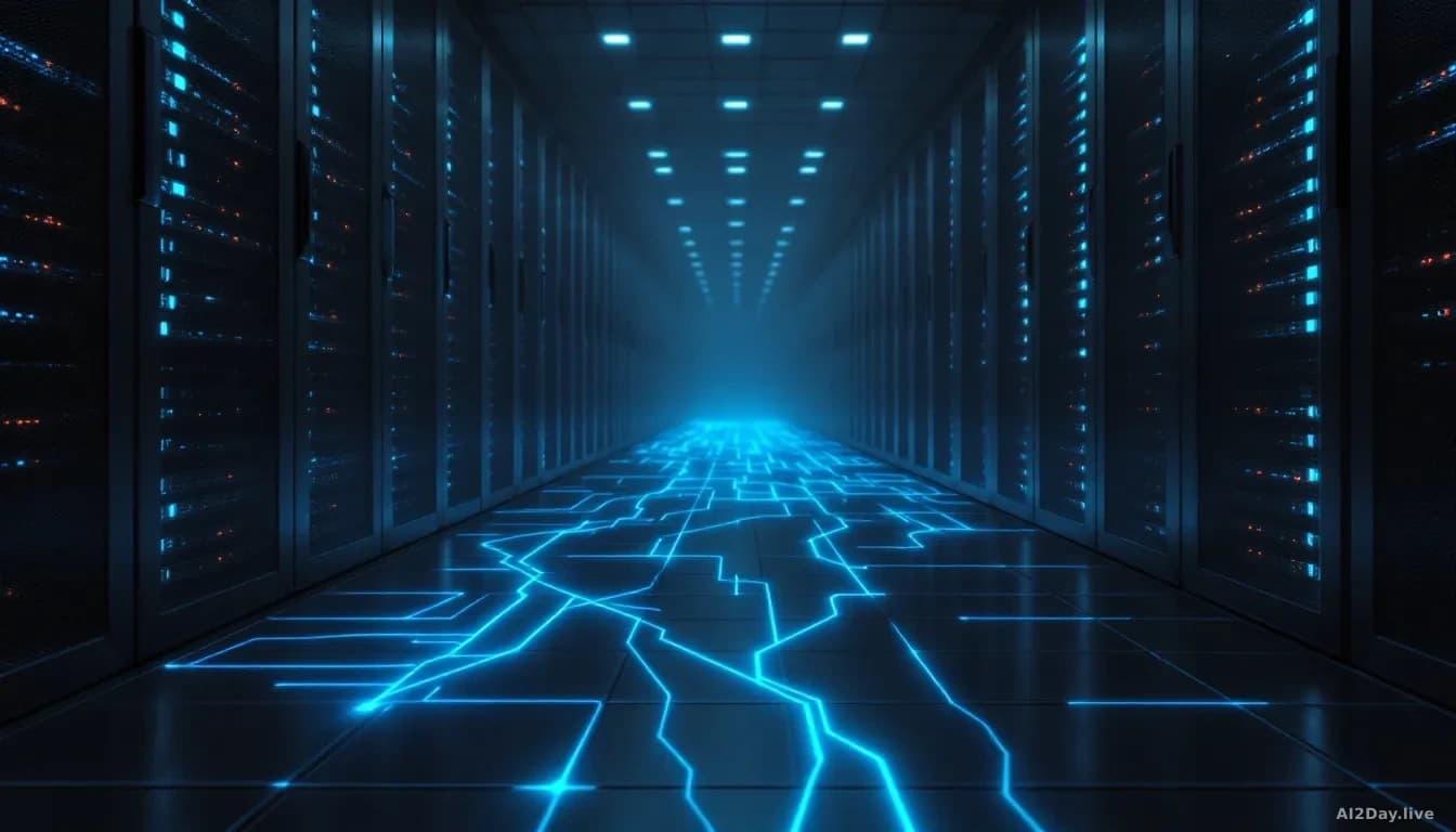Photoreal news-editorial 16:9 image of a vast dimly lit server room with rows of blinking rack servers receding into darkness, thin threads of faint blue light 