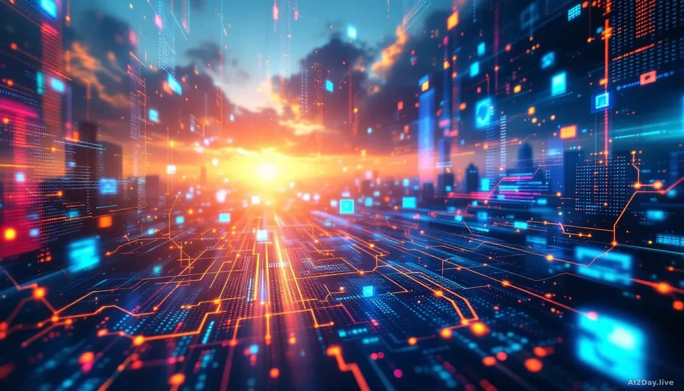 A digital landscape depicting AI-driven cyber threats, with abstract representations of data networks and security breaches, photoreal, no text