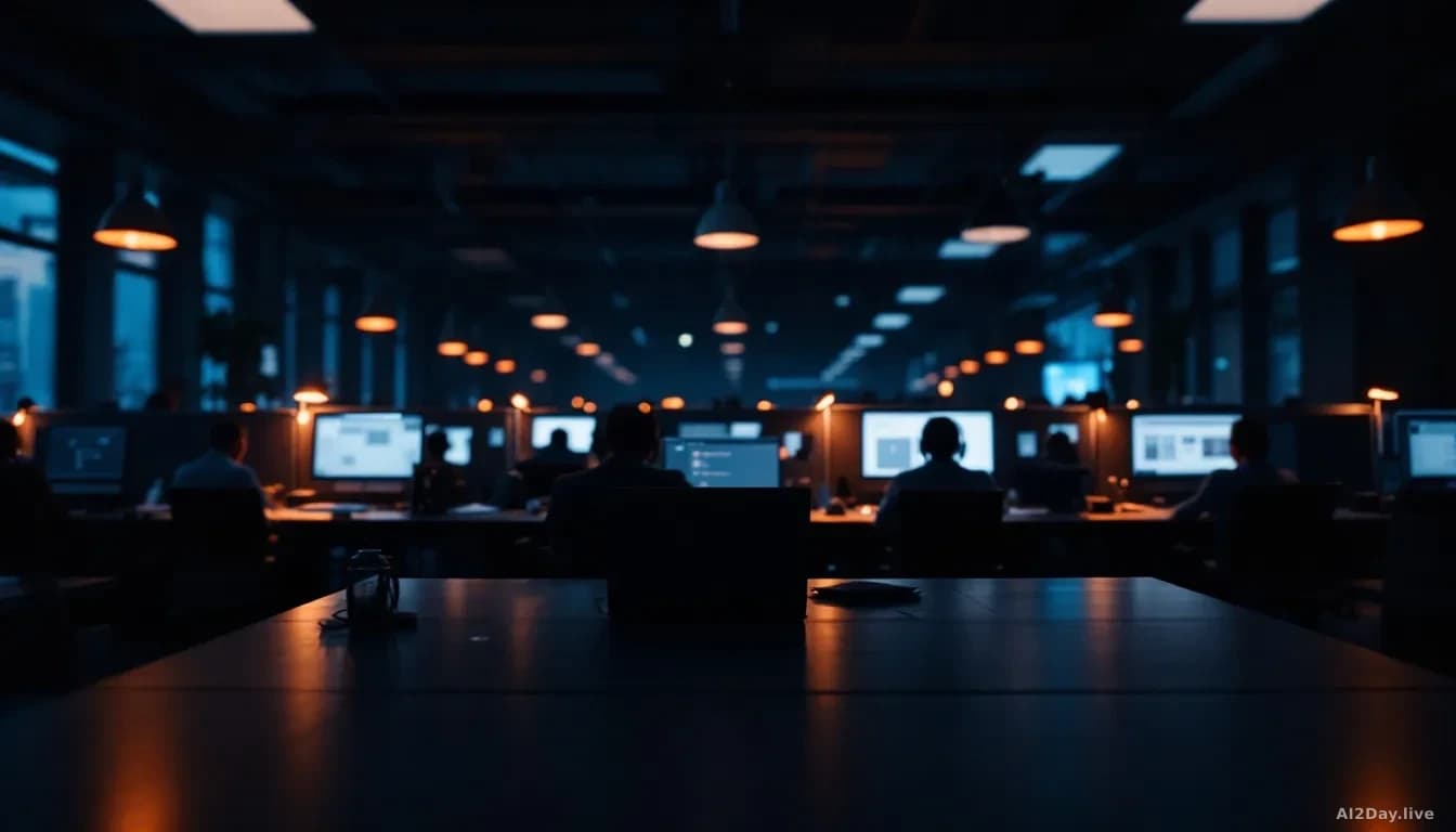 Photoreal editorial wide shot of a dimly lit open-plan office at night, a single laptop screen glowing brightly amid rows of darkened desks, suggesting concentr