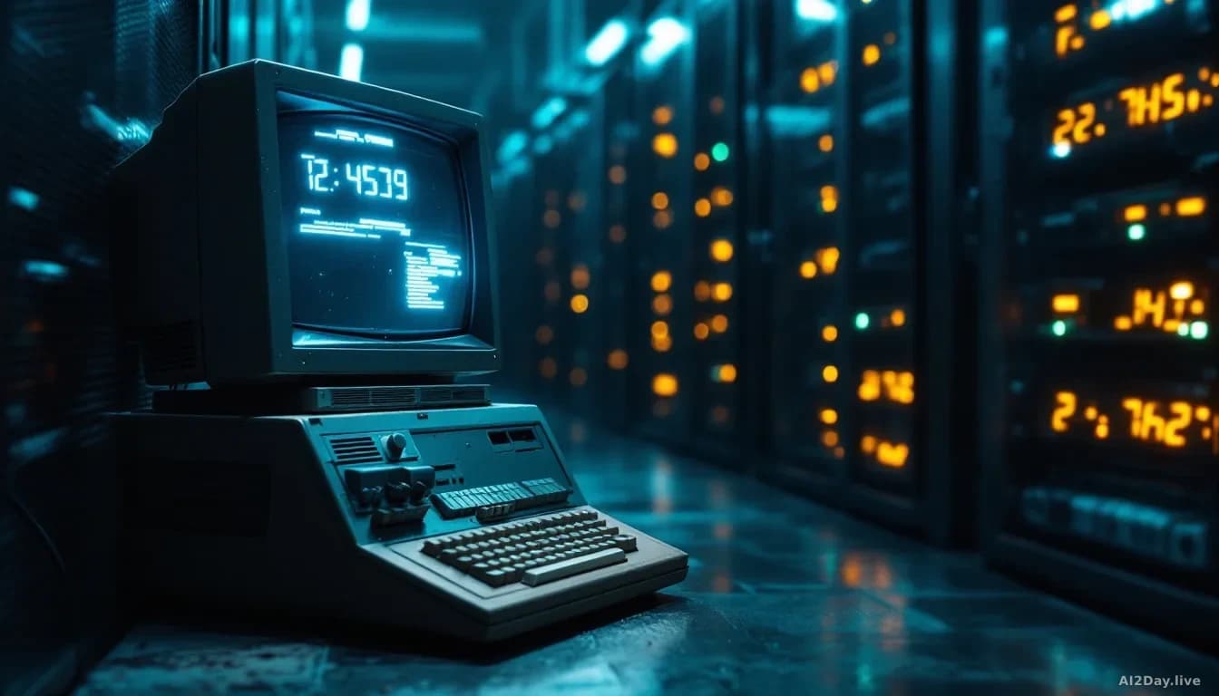 Photoreal news-editorial style, 16:9 framing, a worn vintage computer terminal sitting next to a modern server rack in a dimly lit data center, dust on the old 