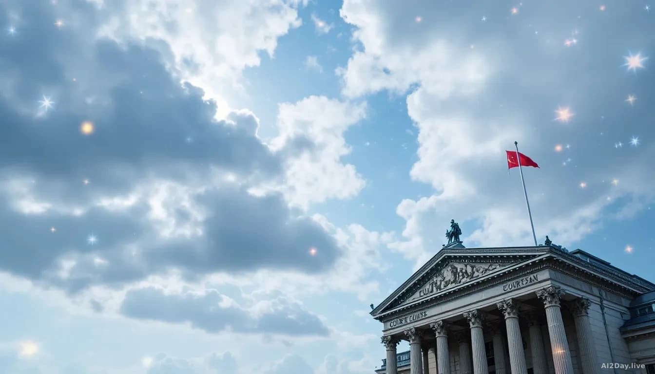 European courthouse with digital data symbols, cloudy sky, 16:9