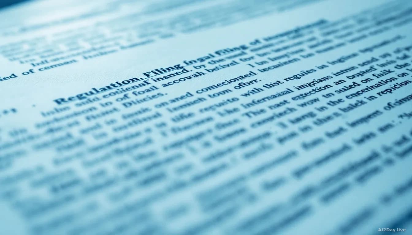 Photoreal news-editorial photograph, 16:9 framing, close-up of dense rows of printed regulatory filing text on white paper, shallow depth of field, cool blue-wh
