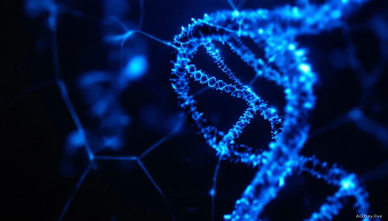 Illustration: a double helix DNA strand rendered in cool blue light inside a cracked glass display case, dark background