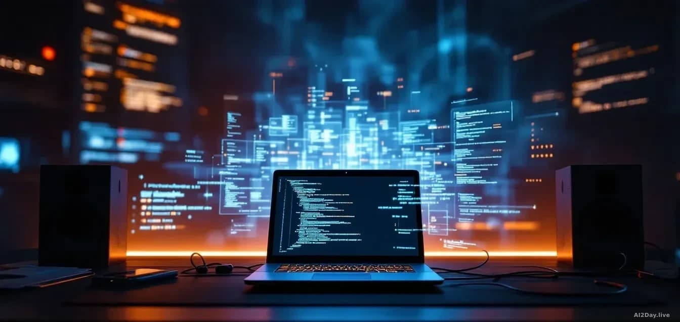 Illustration: a glowing laptop on a dim office desk, projecting faint translucent code panels into the air around it