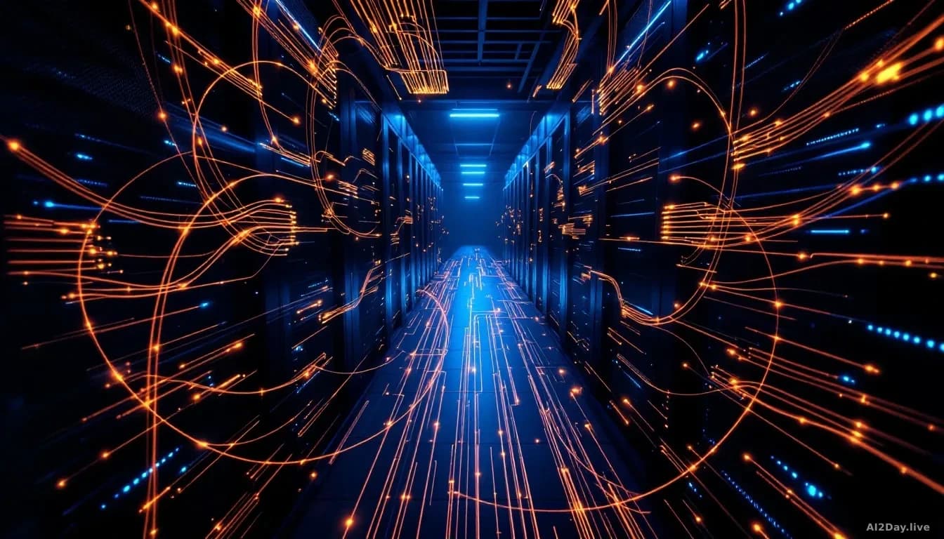 Photoreal aerial view of sprawling fiber-optic cable infrastructure branching into a dark server room, soft blue bioluminescent glow tracing the cable paths, ed