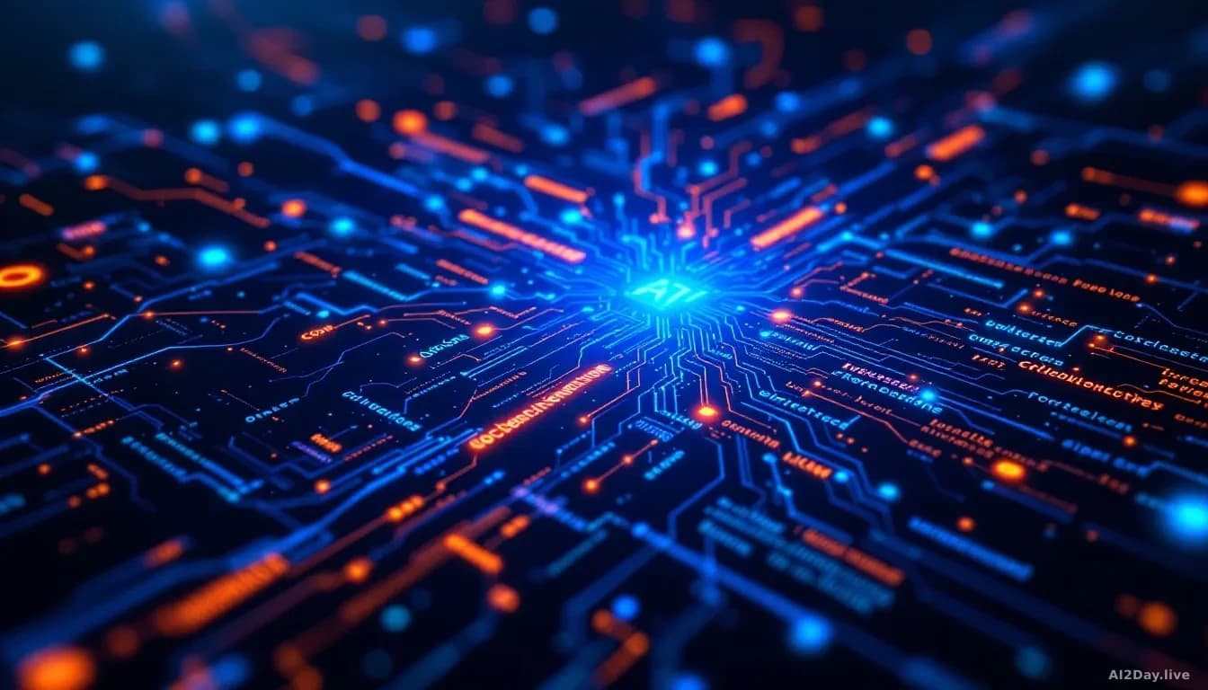 A dynamic, digital visualization of open source code intersecting with AI technology, symbolizing cybersecurity and vulnerability management