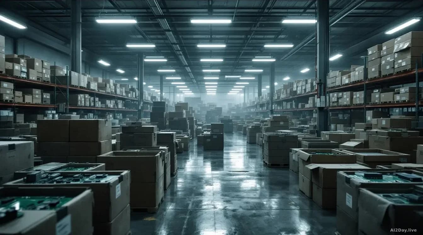 Photoreal news-editorial 16:9 image of a dimly lit warehouse filled with rows of electronic components and circuit boards in unmarked boxes, harsh fluorescent o