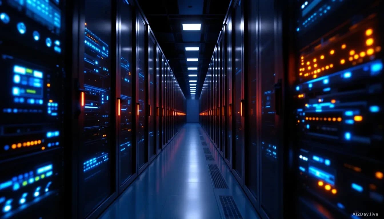 Photoreal editorial shot of a darkened Dutch data center aisle with rows of rack-mounted servers, blue and amber status LEDs, evidence-tag style ribbon draped a