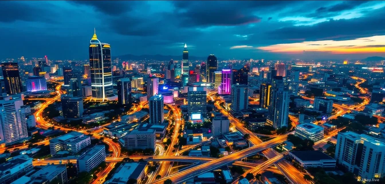Aerial view of a sprawling Southeast Asian city at dusk, office towers lit from within against a deep blue sky, abstract light trails from traffic below forming