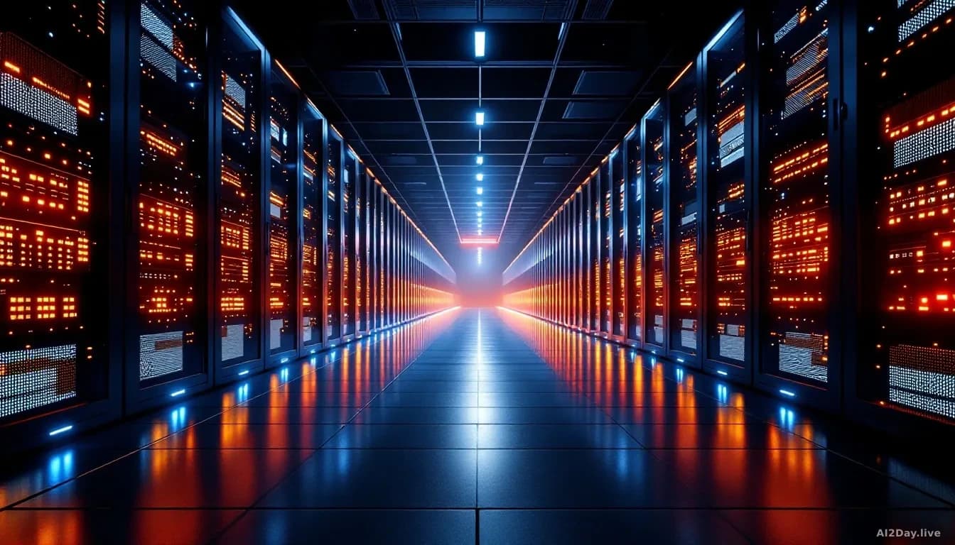 Photoreal news-editorial 16:9 image of a large server room at night, rows of illuminated rack servers receding into the distance, cool blue and amber indicator 