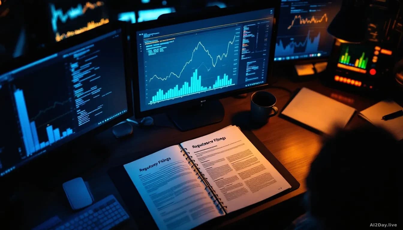 Photoreal news-editorial overhead shot of a cluttered security operations desk at night, multiple dim monitors showing abstract code and graphs, an open paper b