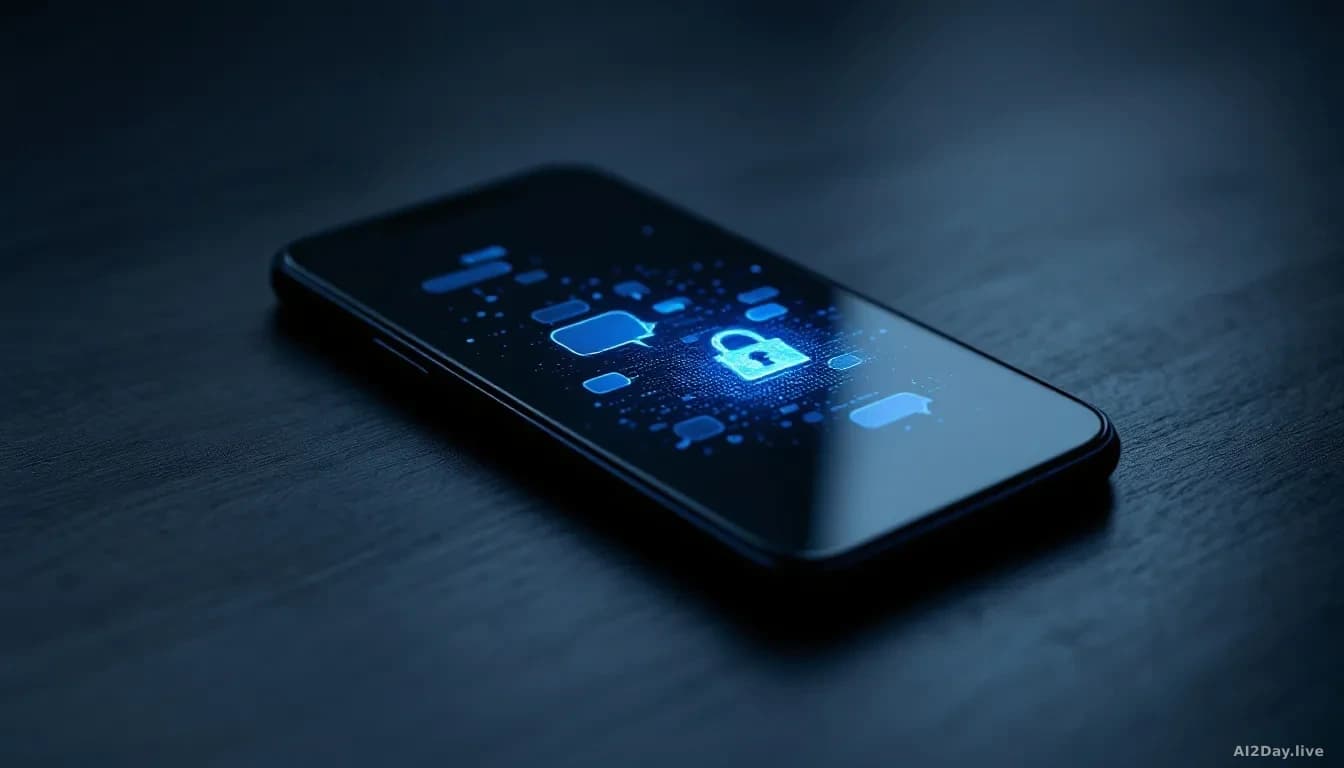 Full-frame edge-to-edge photoreal news-editorial image of a smartphone lying on a dark brushed-metal surface, screen glowing with an abstract blue chat-bubble i