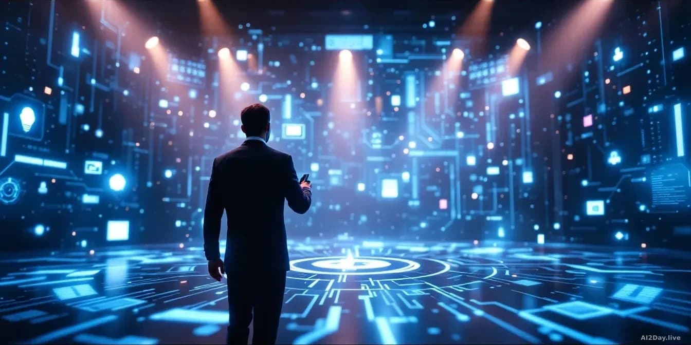 A photoreal news-editorial style image of a cybersecurity award ceremony setting, with abstract digital elements symbolizing cybersecurity