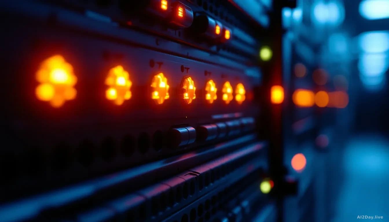 Full-frame edge-to-edge photoreal image of a dimly lit server rack with amber warning LEDs blinking, shallow depth of field, cool blue ambient light, sense of u