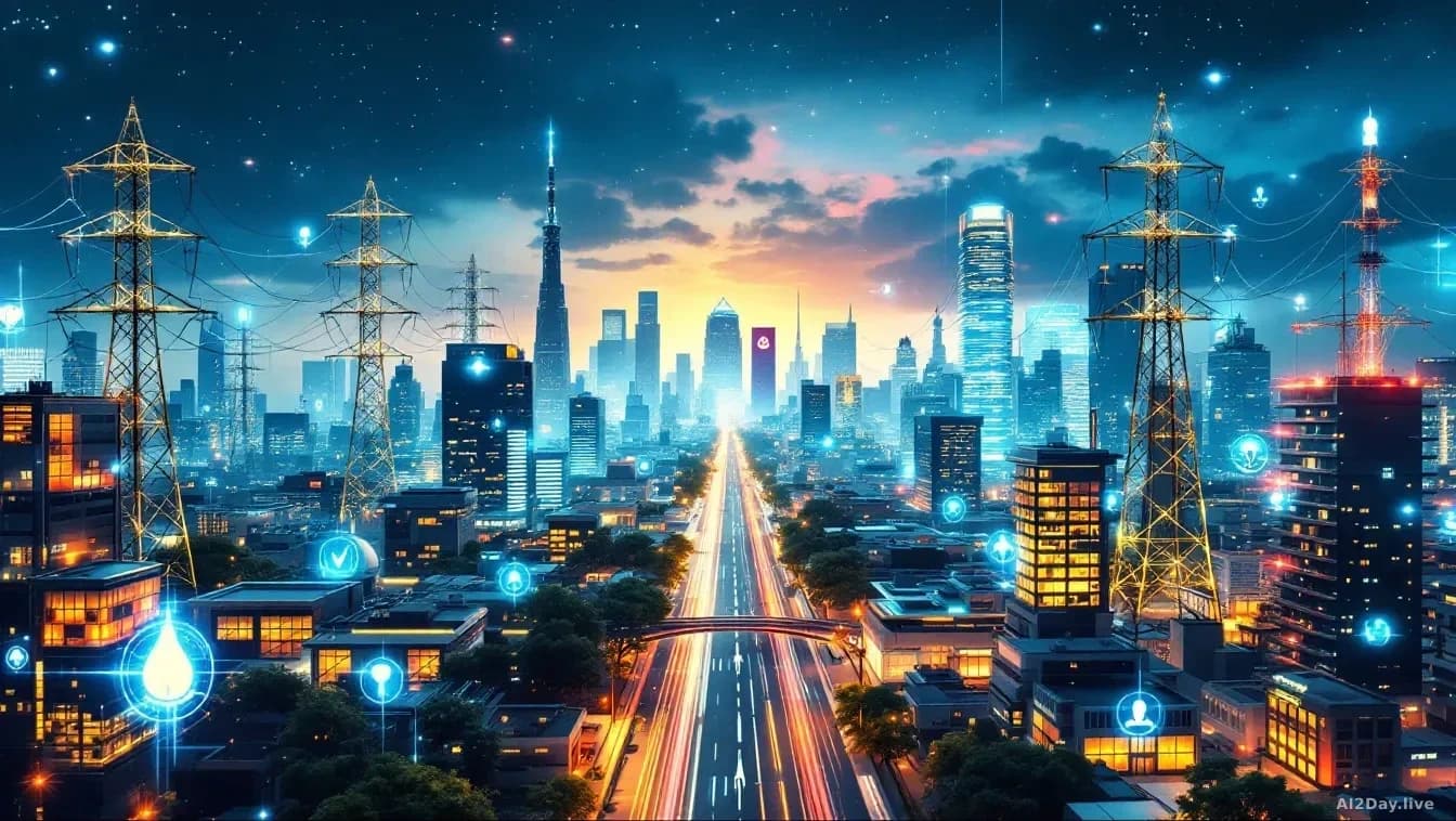 A futuristic cityscape highlighting critical infrastructure sectors like power, water, and healthcare, symbolizing digital connections and cybersecurity