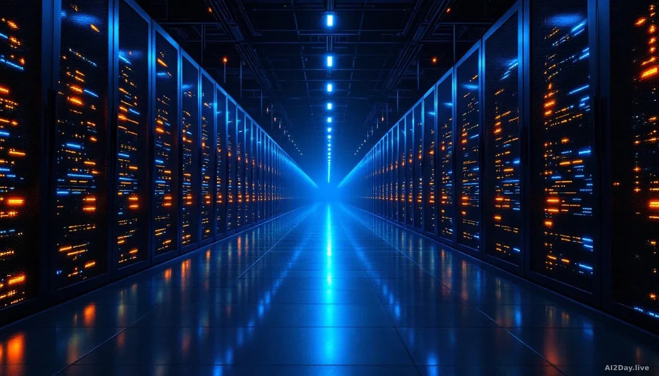 A vast server room at night, rows of illuminated rack hardware stretching to a vanishing point, cool blue and amber light casting long shadows across polished c