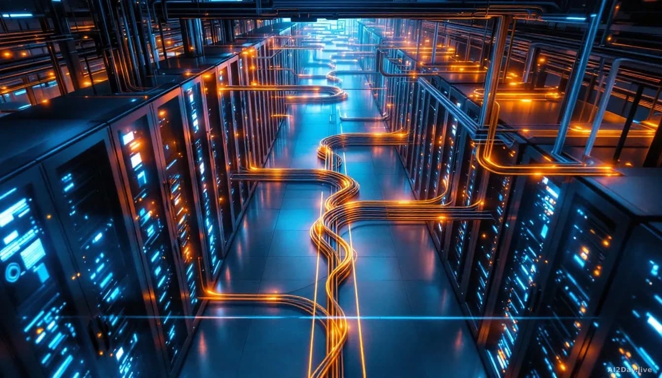 Full-frame edge-to-edge photoreal overhead view of a sprawling industrial server room with glowing fiber cables snaking between rack rows, some sections cordone