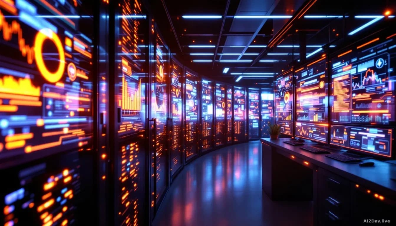 A photoreal editorial image of a modern computer server room, with glowing monitors displaying complex data visualizations, representing AI involvement in cyber