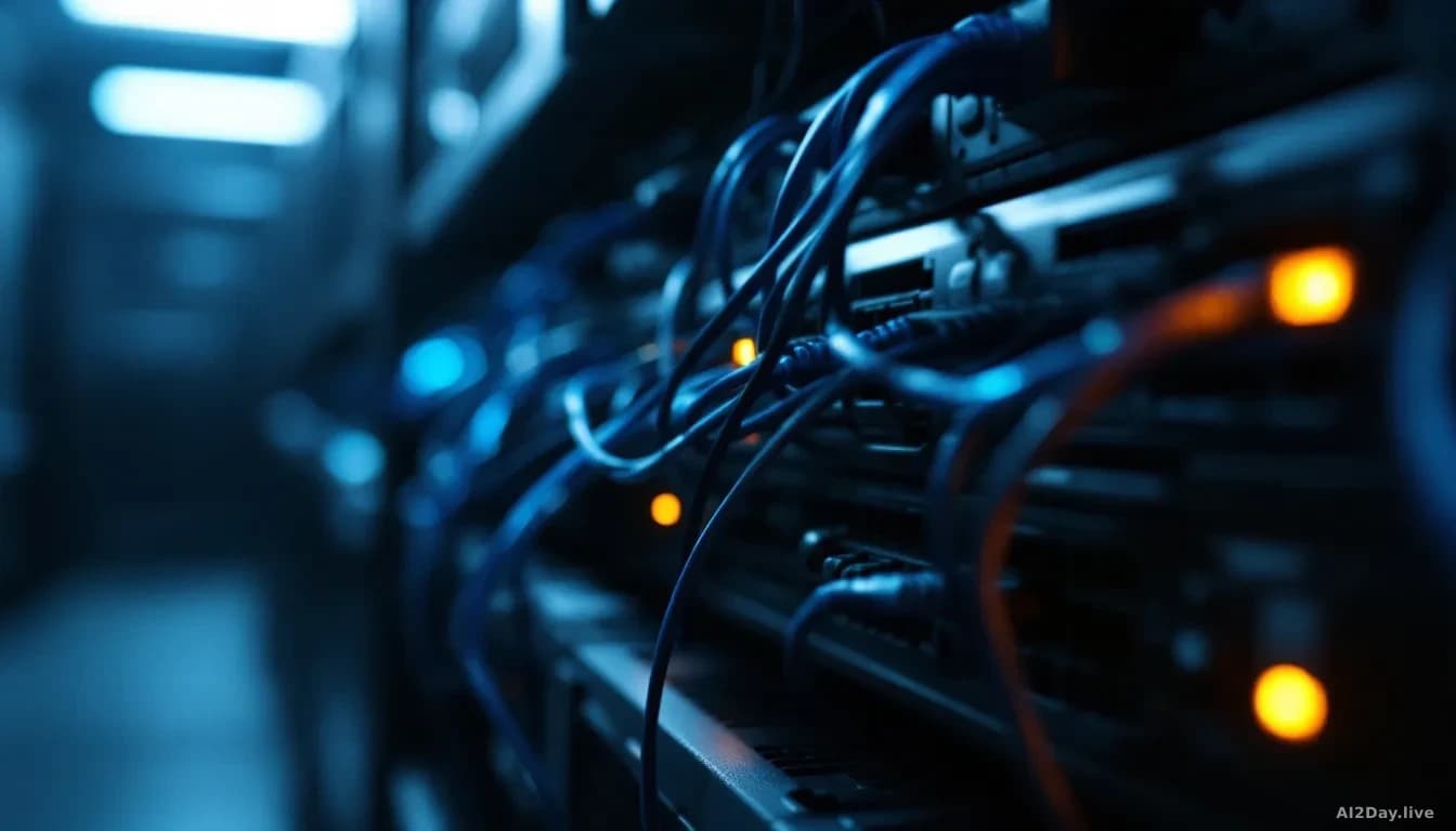 Full-frame edge-to-edge photoreal news-editorial image of a dimly lit server rack with frayed network cables held together by visible electrical tape, faint blu