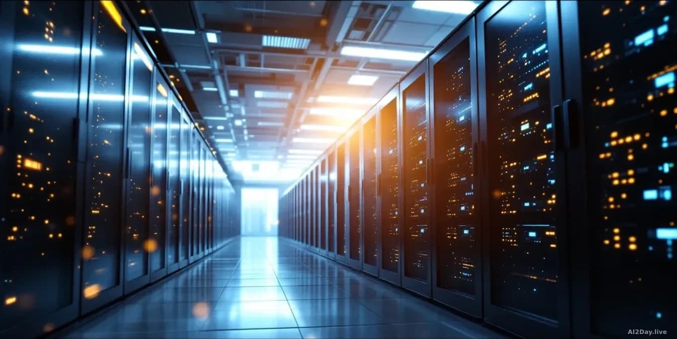 A photoreal image of a data center with rows of servers, symbolizing third-party risk management in cybersecurity