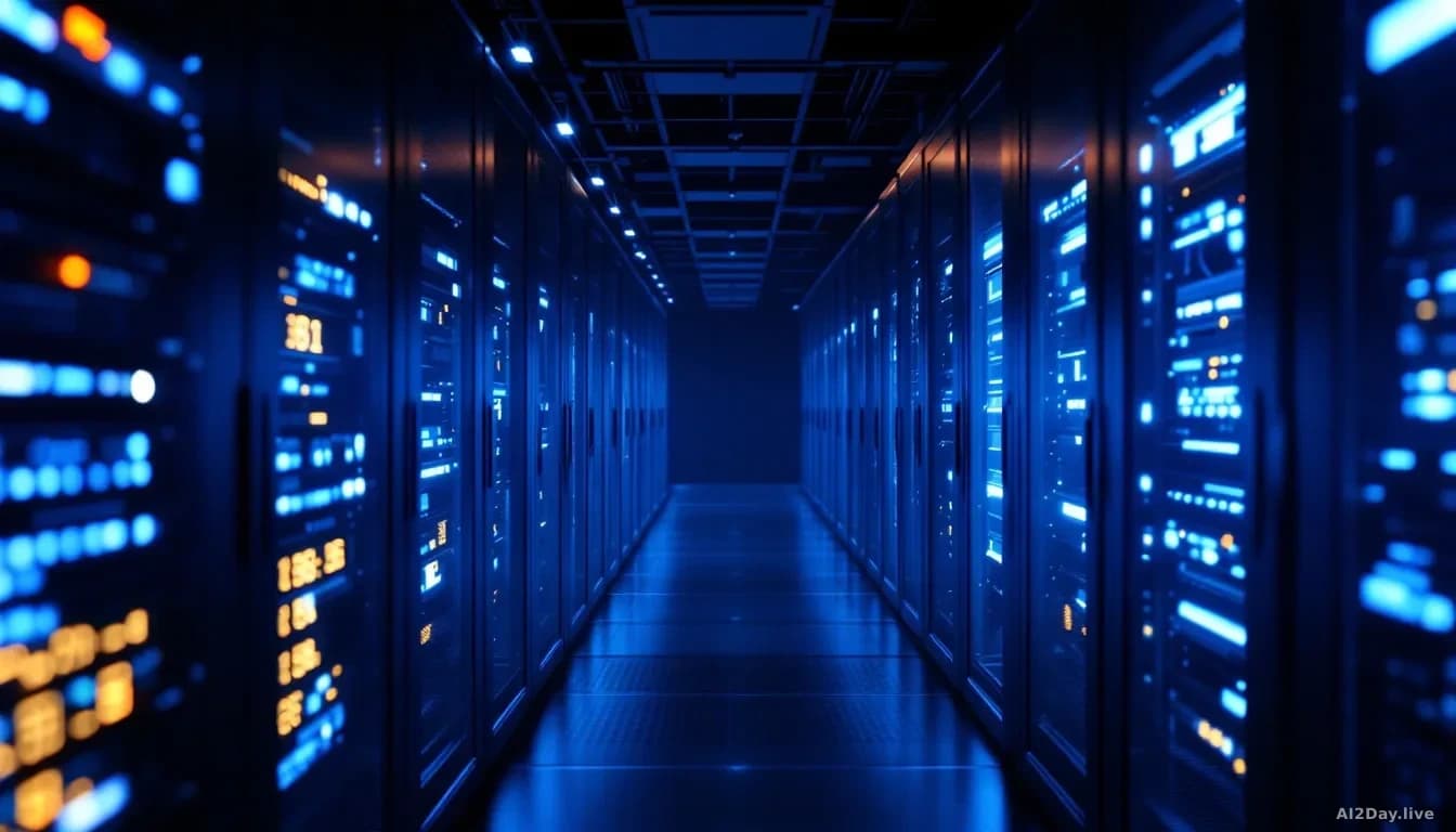 Full-frame edge-to-edge photoreal news-editorial image of a darkened secure data center corridor, server racks glowing pale blue on either side, a single open r