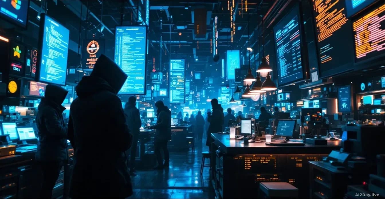 A dark underground marketplace bustling with AI tools being exchanged between anonymous figures, digital screens displaying code and transactions