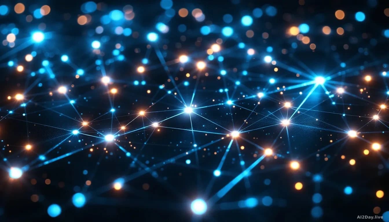 A dense network of glowing nodes and directional edges rendered in deep blue and electric white, photographed from a high overhead angle against a dark matte su
