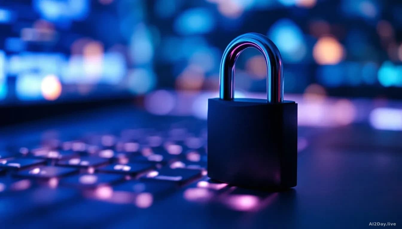 Full-frame edge-to-edge photoreal news-editorial image of a sleek matte-black padlock resting on a softly glowing computer keyboard, cool blue and teal rim ligh