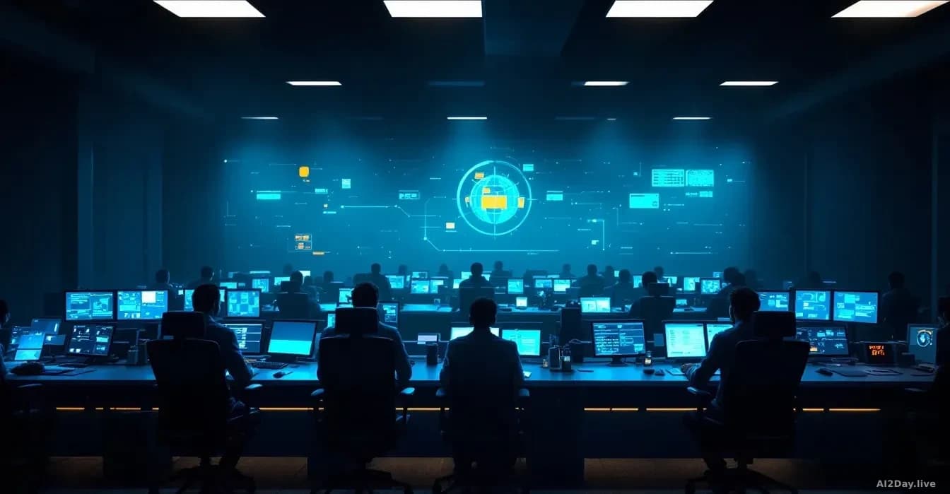 Full-frame edge-to-edge overhead photoreal view of a darkened security operations center at night, rows of monitors glowing blue and amber with abstract grid pa