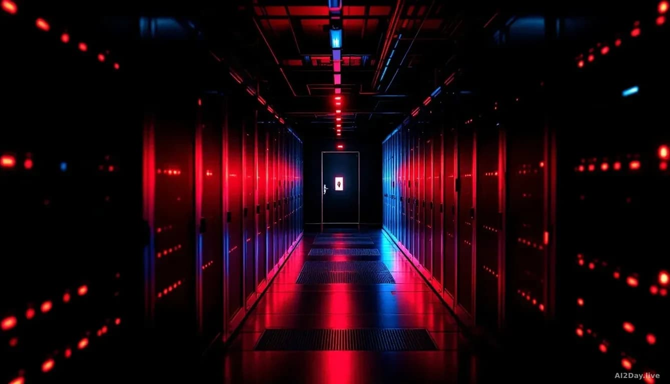 A stark overhead view of a server room corridor at night, emergency red lighting casting long shadows across rows of black hardware racks, a single heavy steel 