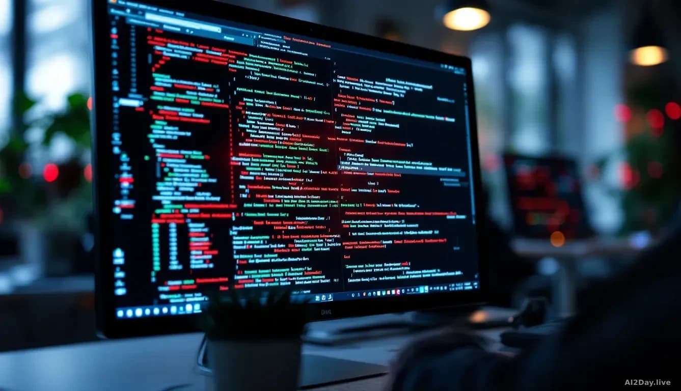 A computer screen displaying malicious code, symbolizing a sophisticated cyber attack, in an office setting