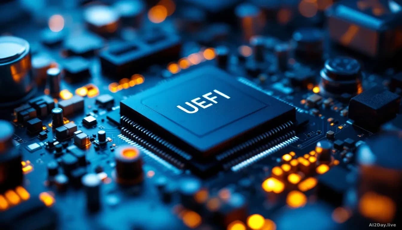 Full-frame edge-to-edge photoreal close-up of a server motherboard UEFI firmware chip under cool blue rack lighting, shallow depth of field, faint amber glow fr