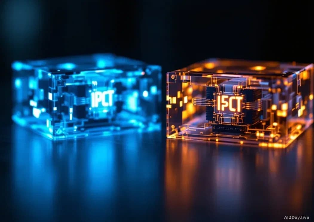 Full-frame edge-to-edge photoreal news-editorial image of two identical translucent glass server modules side by side on a dark brushed-steel surface, one glowi