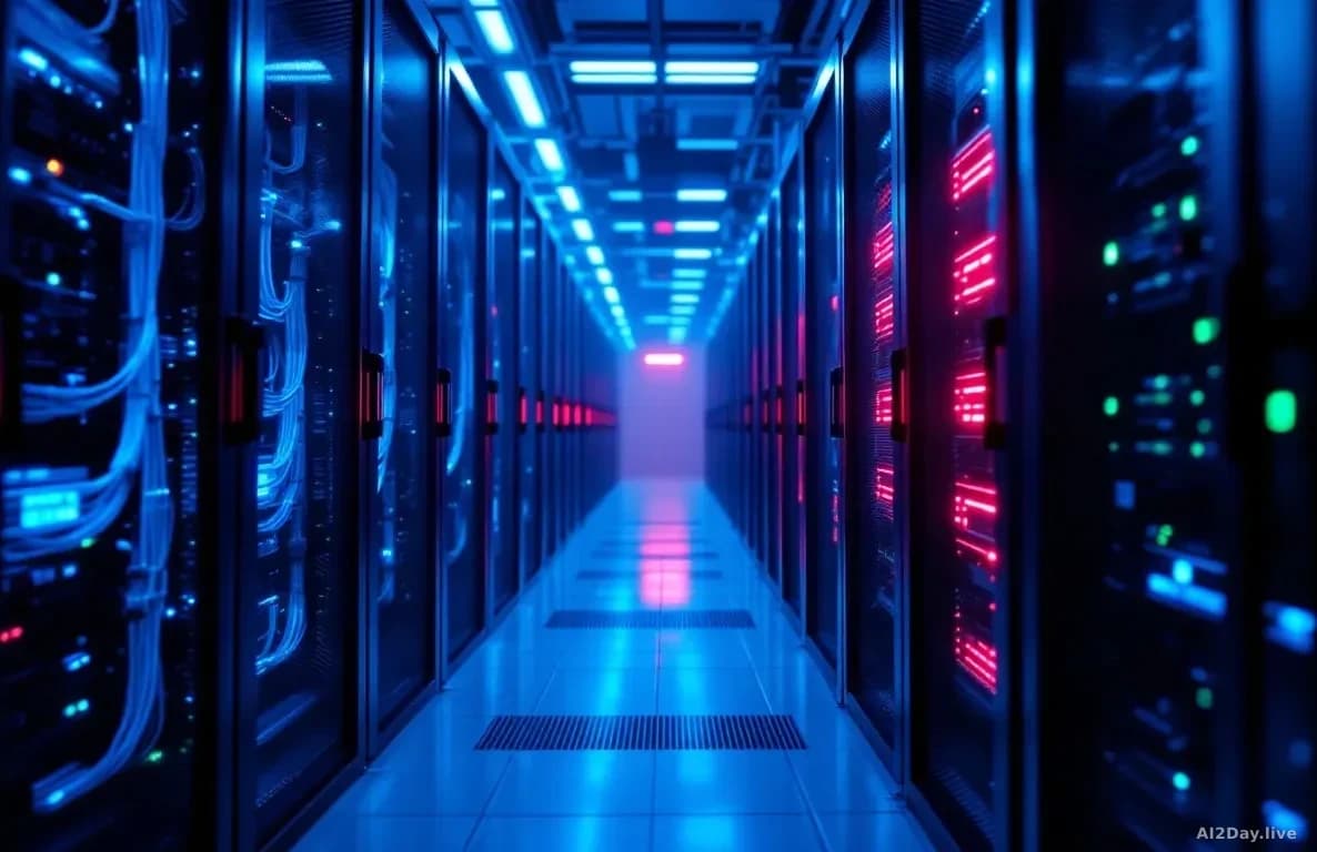 Photoreal news-editorial 16:9 image of a server room bathed in cold blue light, cables and rack units sharply in focus in the foreground, a faint red glow emana