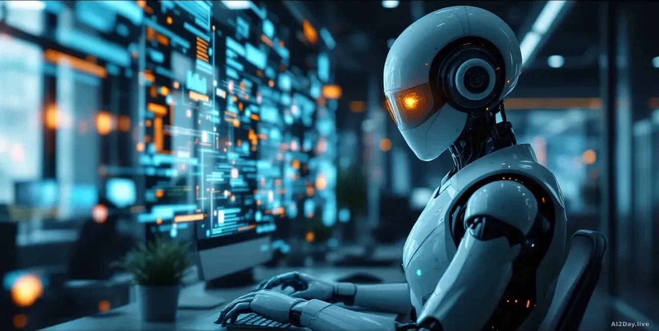 AI agent interacting with digital data streams in a corporate office environment, emphasizing security and vulnerability