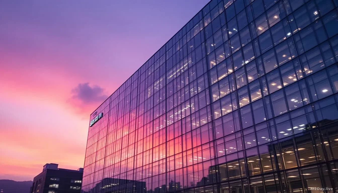 Full-frame edge-to-edge photoreal editorial shot of a modern Seoul government building exterior at dusk, glass facade reflecting purple and amber sky, shallow d