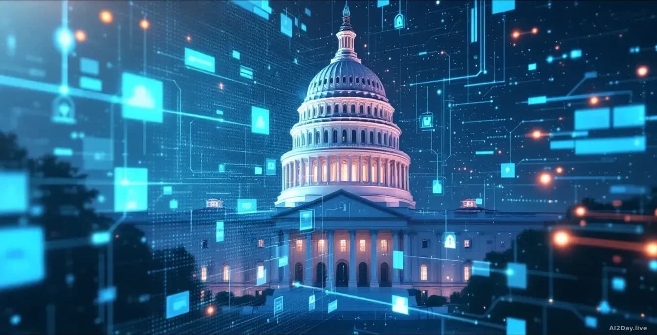 a government building with digital security overlay, emphasizing cybersecurity